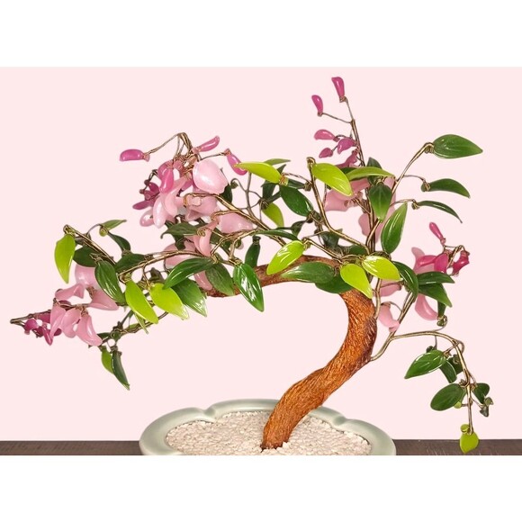 Vintage Bonsai Tree Glass Cherry Blossom Flowers Jade Leaves Celadon Pot Asian - Picture 4 of 7